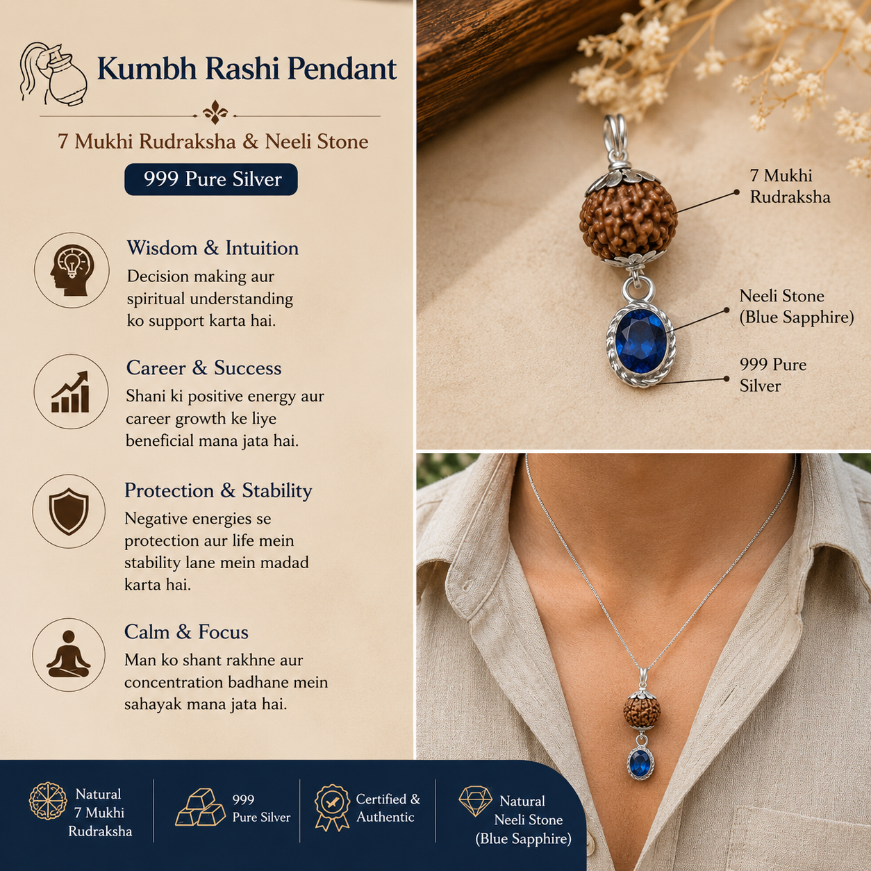 Kumbh Rashi Rudraksha + Stone Pendant thumbnail 3