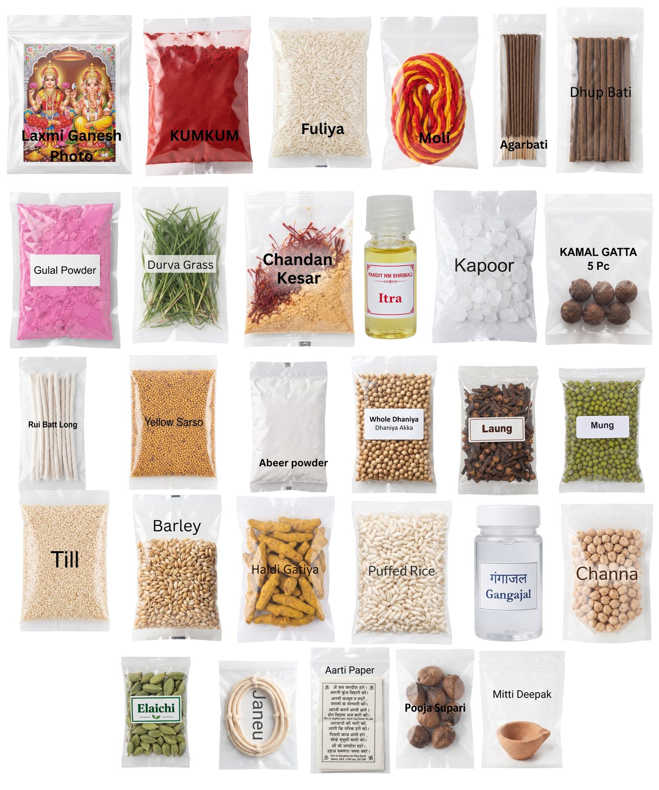 Photo of the 29 regular samagri sachets in every Diwali Pujan Packet: Laxmi Ganesh picture, kumkum, moli, agarbatti, kapoor, Gangajal, aarti paper, mitti deepak and more
