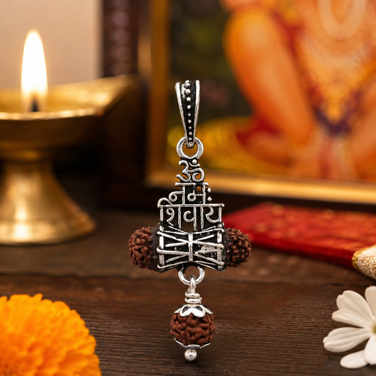 Silver Om Namah Shivaya Damaru Pendant thumbnail 2