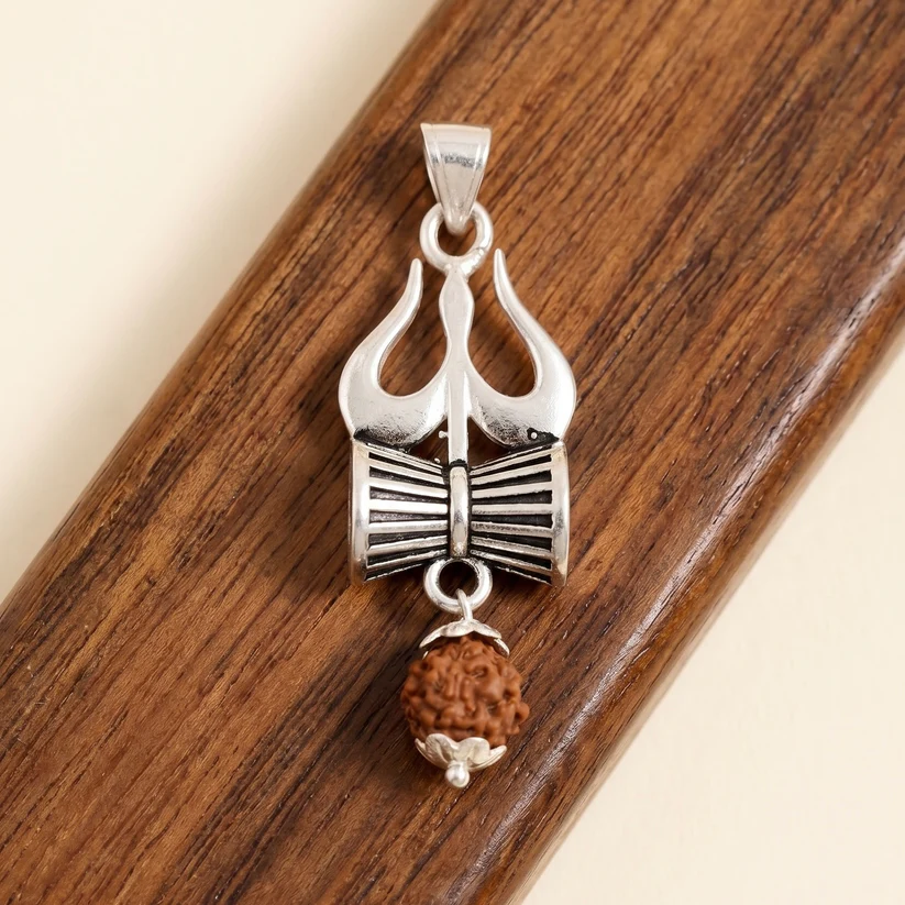 Silver Trishul Damaru Pendant with Panchmukhi Rudraksha