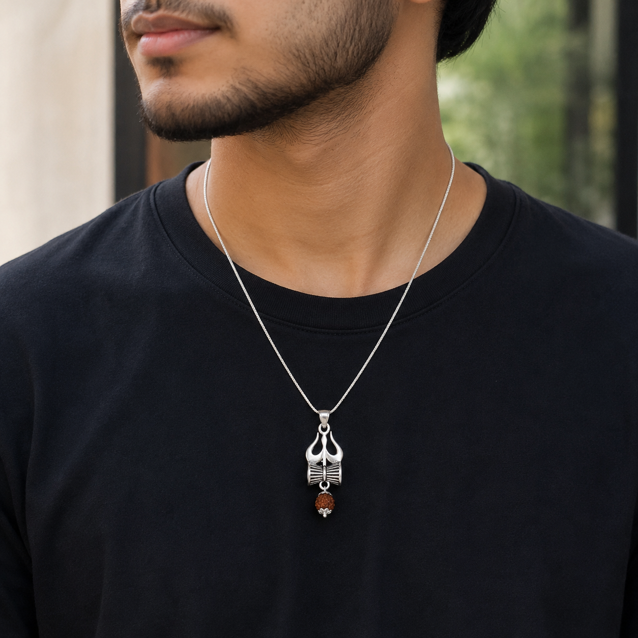 Silver Trishul Damaru Pendant with Panchmukhi Rudraksha thumbnail 3