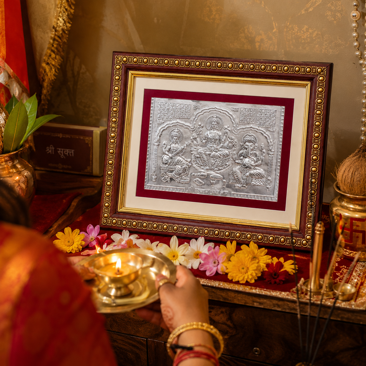 Silver Laxmi Ganesh Saraswati Frame - Image 1