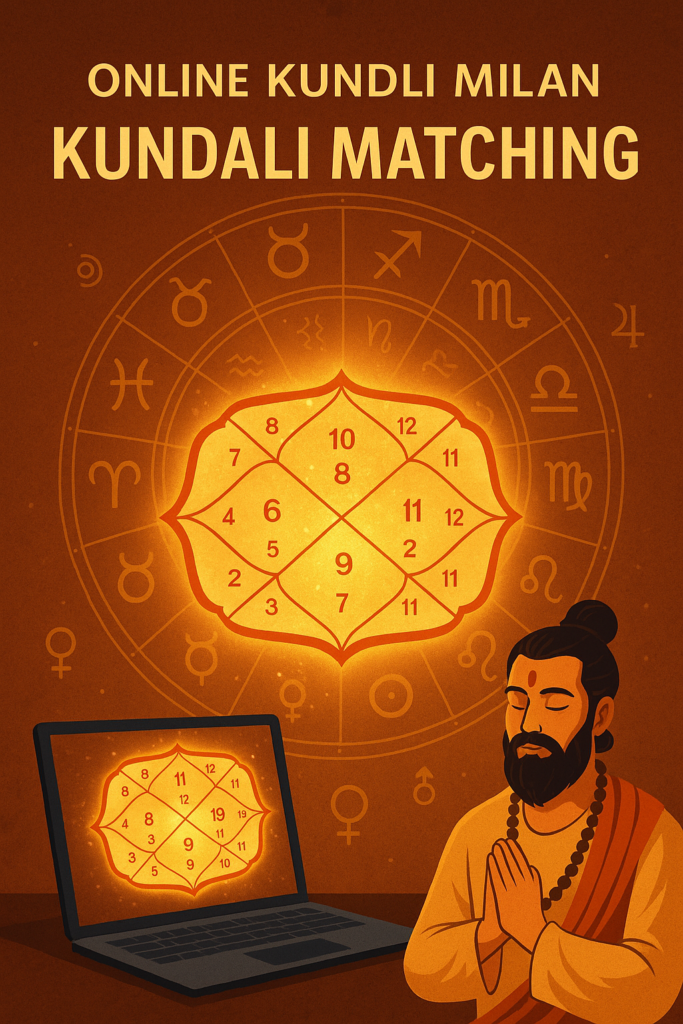 Online Kundli Milan graphic stressing digital astrology services depicting a Vedic astrologer with a shining kundli chart and zodiac symbols.