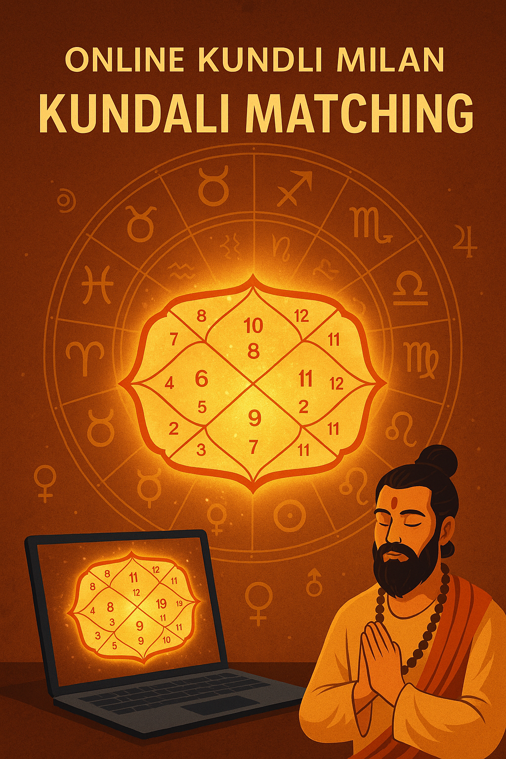 Online Kundli Milan graphic stressing digital astrology services depicting a Vedic astrologer with a shining kundli chart and zodiac symbols.