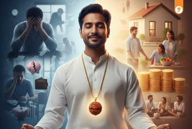 Indian man in white kurta meditating with a 7 Mukhi Rudraksha on a gold chain, animated background showing stress and financial struggle on the left and prosperity, happiness, and healthy lifestyle on the right.