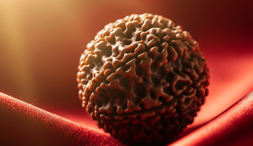 Close-up of a 12 Mukhi Rudraksha bead resting on a red silk cloth, illuminated by warm golden sunlight, symbolizing Lord Surya energy, spiritual blessings, and leadership.