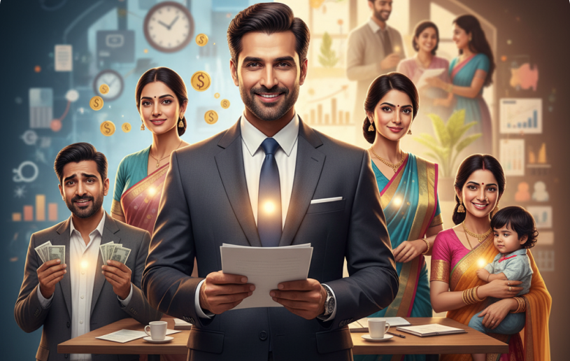Diverse Indian individuals benefiting from 7 Mukhi Rudraksha: a businessman confident with documents, a professional woman leading a meeting, a stressed man finding relief, and a woman in traditional attire symbolizing family harmony.