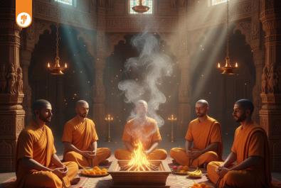 3D hyper-realistic illustration of priests performing Kaal Sarp Dosh Nivaran Puja with havan kund, yantras, and offerings inside a temple.