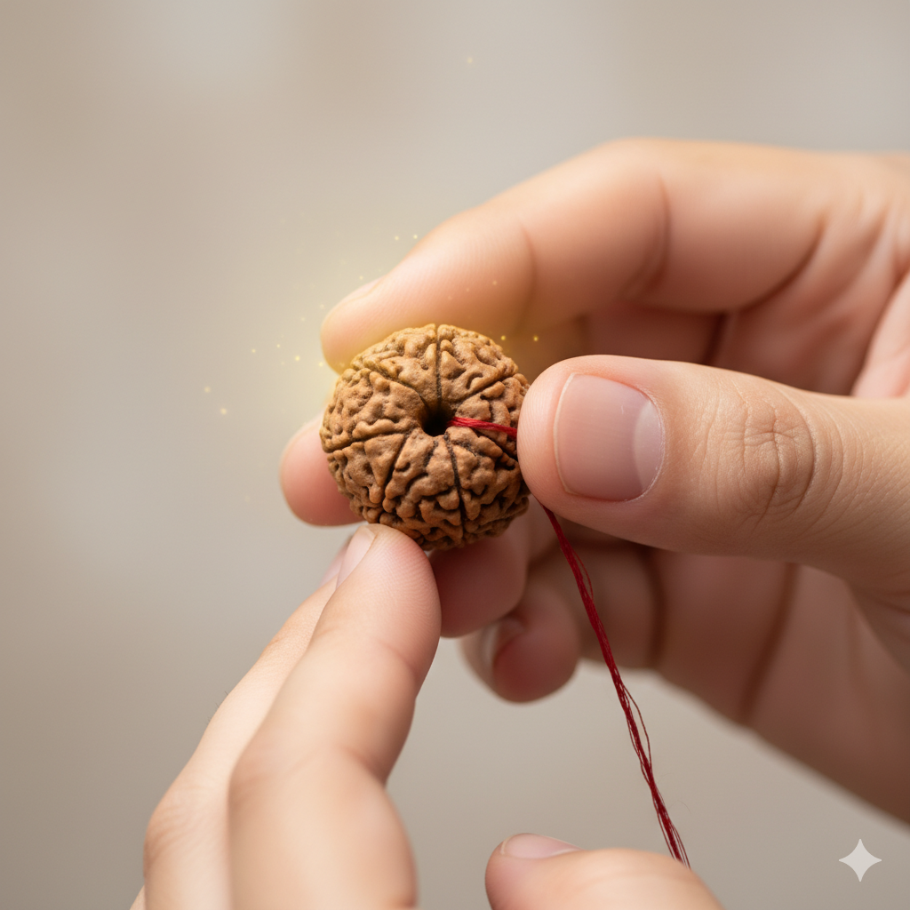 Person wearing 7 Mukhi Rudraksha on a red thread over sacred Vedic scriptures with divine light, highlighting spiritual and protective energy.