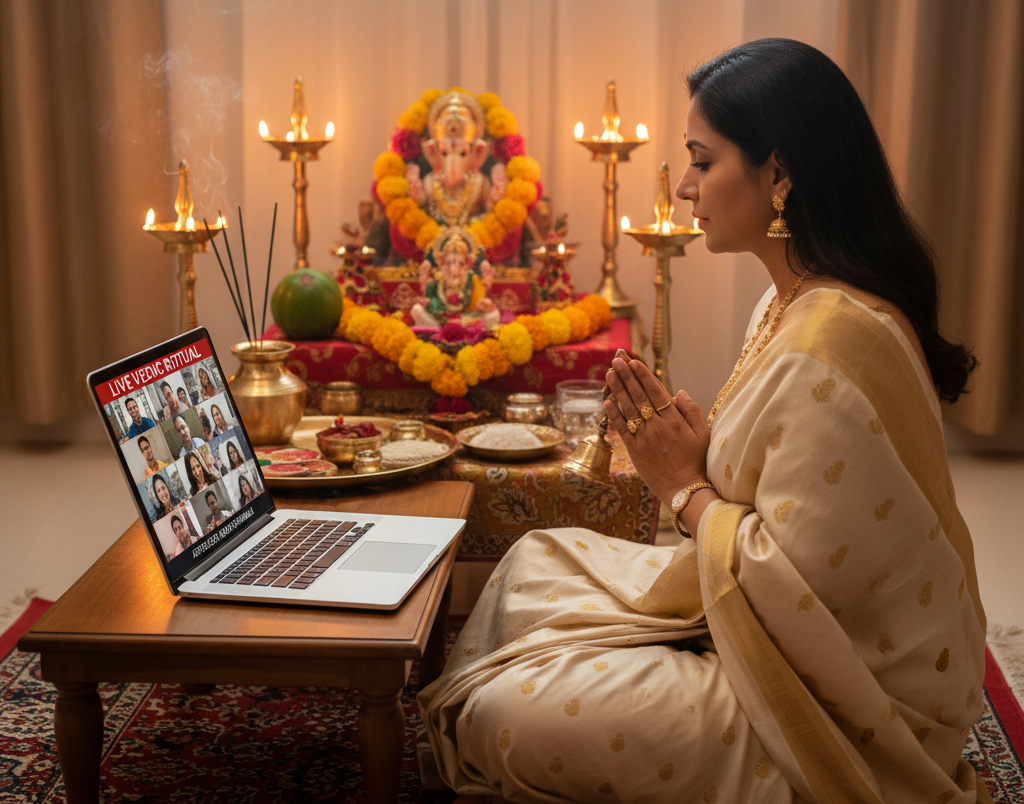 Devotee participating in Online Puja via live video call.